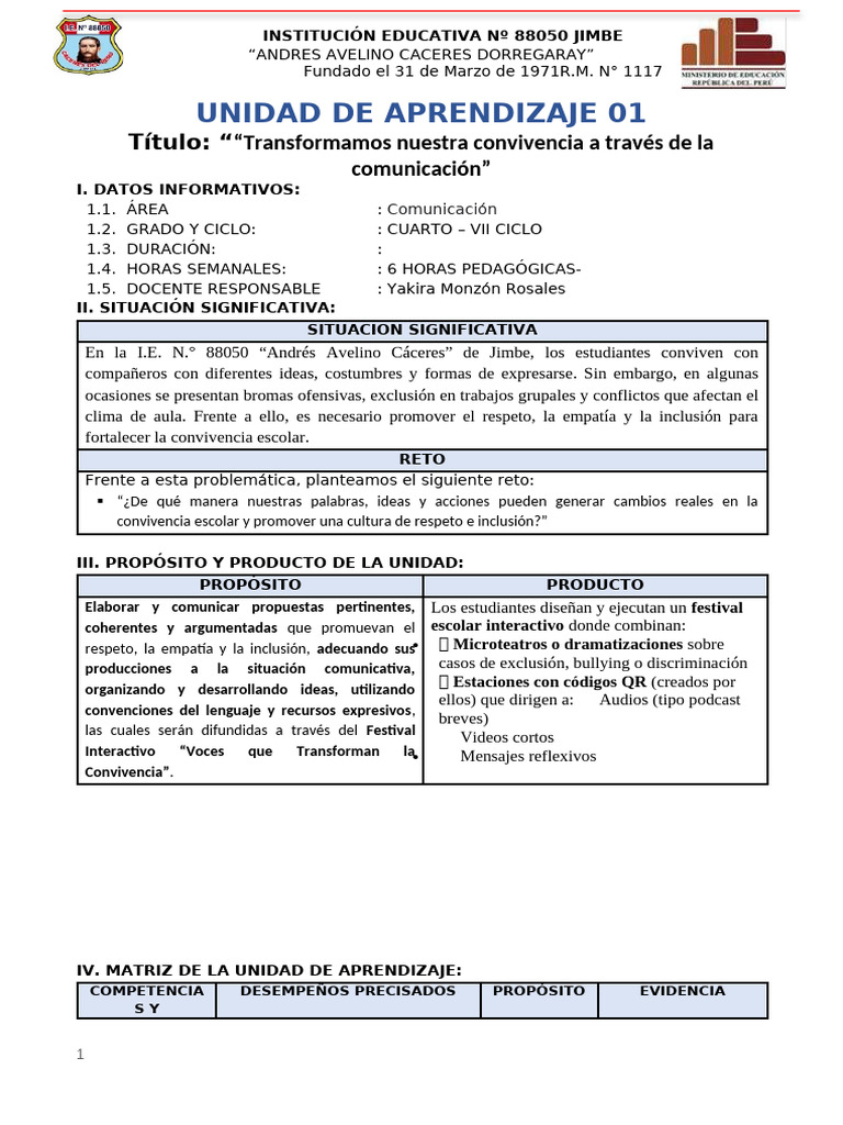 Unidad 1 de Aprendizaje 4to | PDF | Aprendizaje | Comprensión lectora