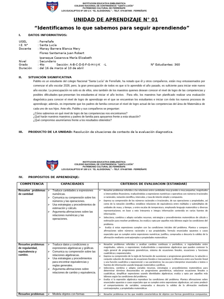 Unidad de Aprendizaje 2026 | PDF | Ecuaciones | Aprendizaje