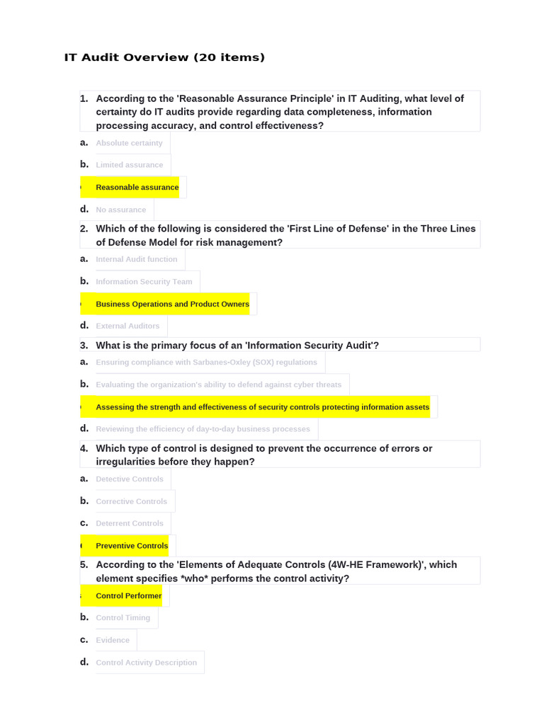 IT3 - Practice Test - Controls (Answer Keys) | PDF | Audit | Internal ...