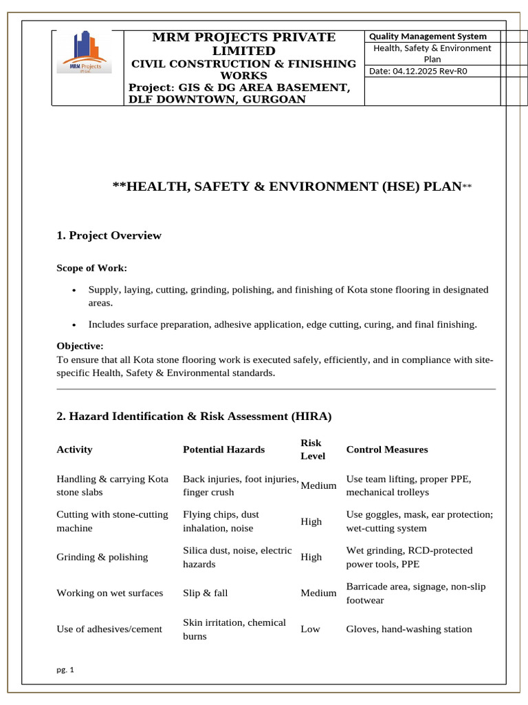 Downtown- Health & Safety Environment Plan(HSE Plan) for Kota stone ...