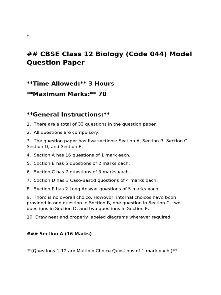 Model paper -1 Class 12 Biology | PDF | Natural Selection | Evolution
