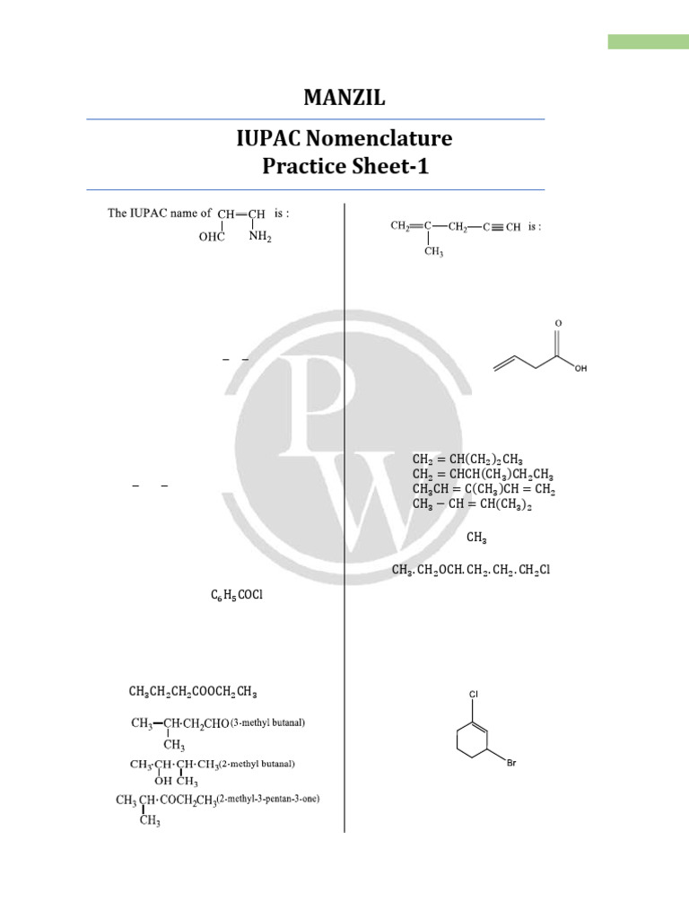 IUPAC Practice Sheet IUPAC Nomenclature Manzil 1 | PDF | Chemical ...