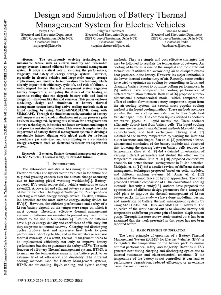 Design and Simulation of Battery Thermal Management System for Electric ...
