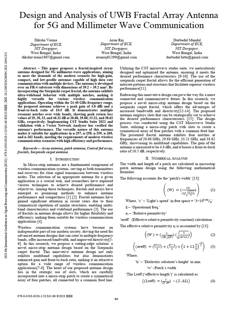 Design and Analysis of UWB Fractal Array Antenna For 5G and Millimeter ...