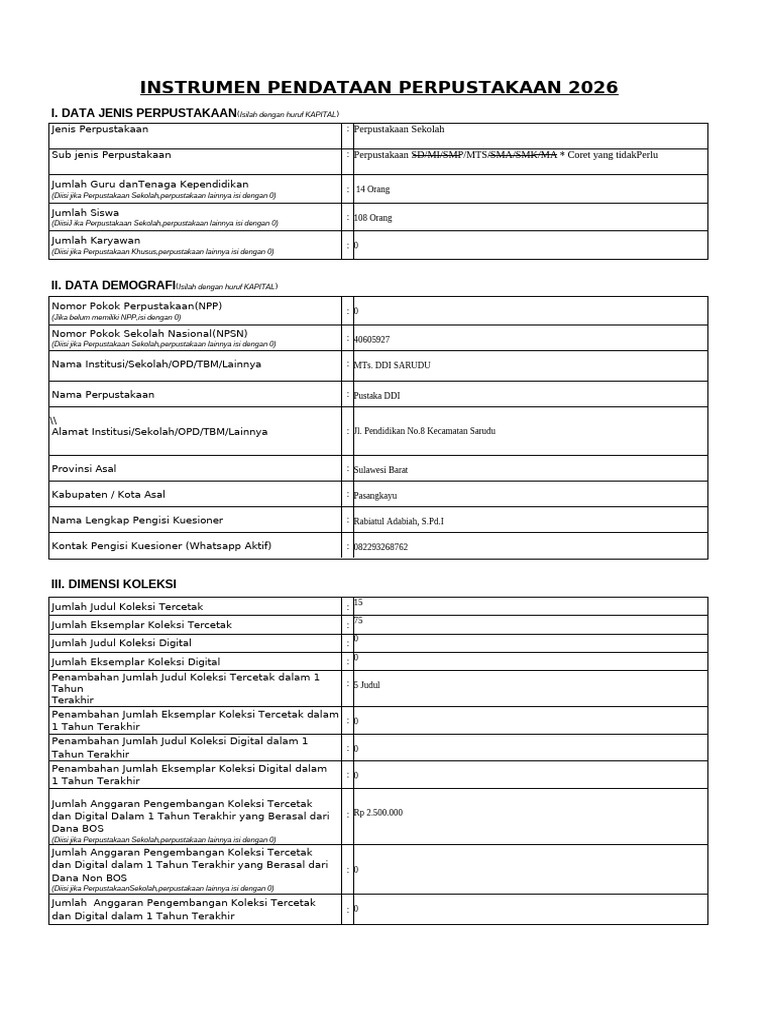 Form Pendataan Perpustakaan 2026 | PDF