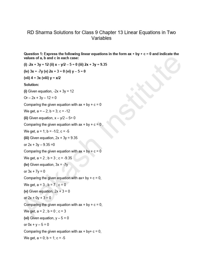 Chapter 13 Linear Equations in Two Variables | PDF | Equations ...