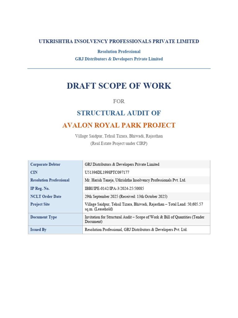 Draft Scope of Work - Structural Auditor | PDF | Insolvency | Concrete