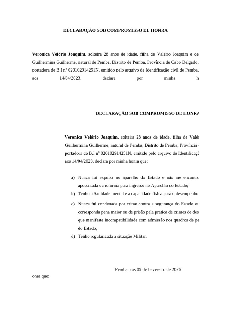 Declaração Sob Compromisso de Honra | PDF