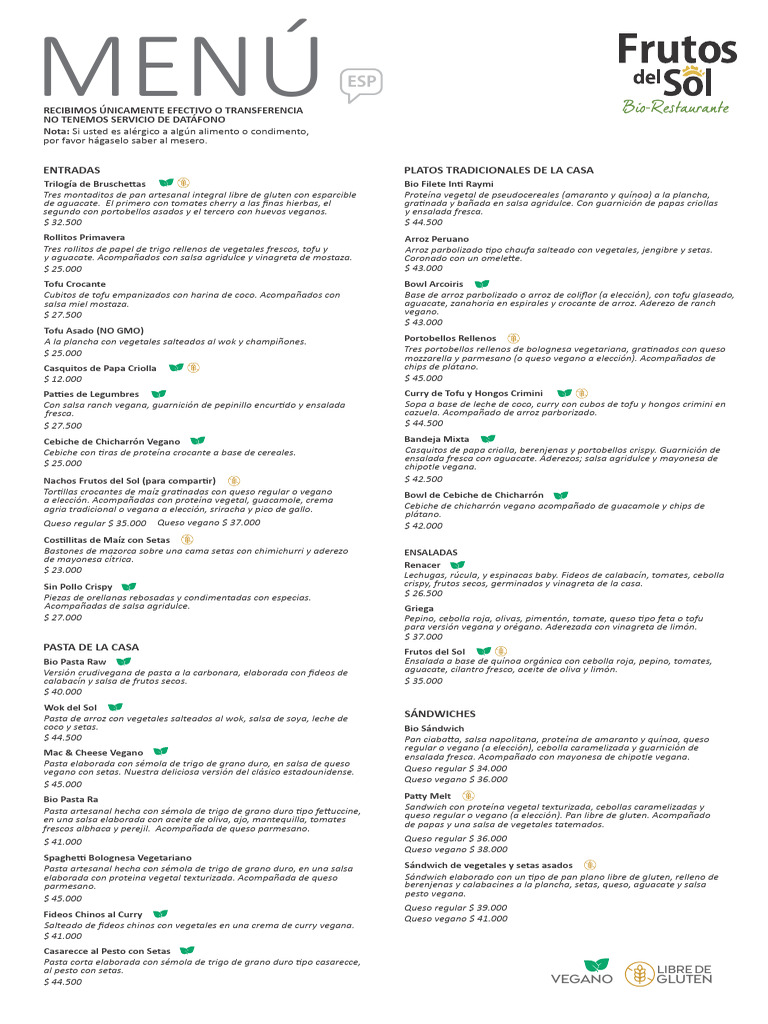 Menu Frutos Del Sol Esp-Eng | PDF | ensalada | Ingredientes de comida