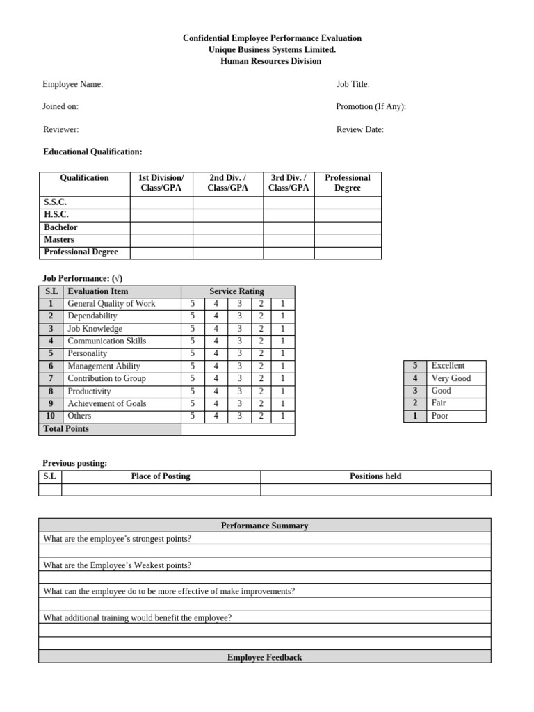 Confidential Employee Performance Evaluation | PDF | Performance ...