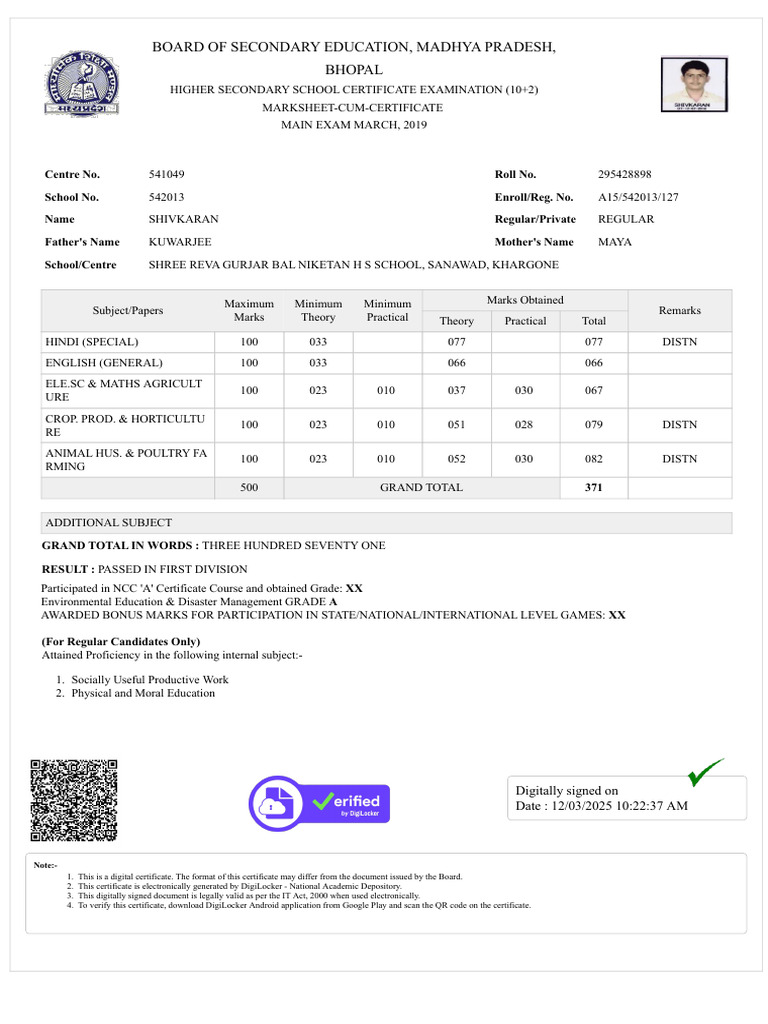 12th marksheet | PDF