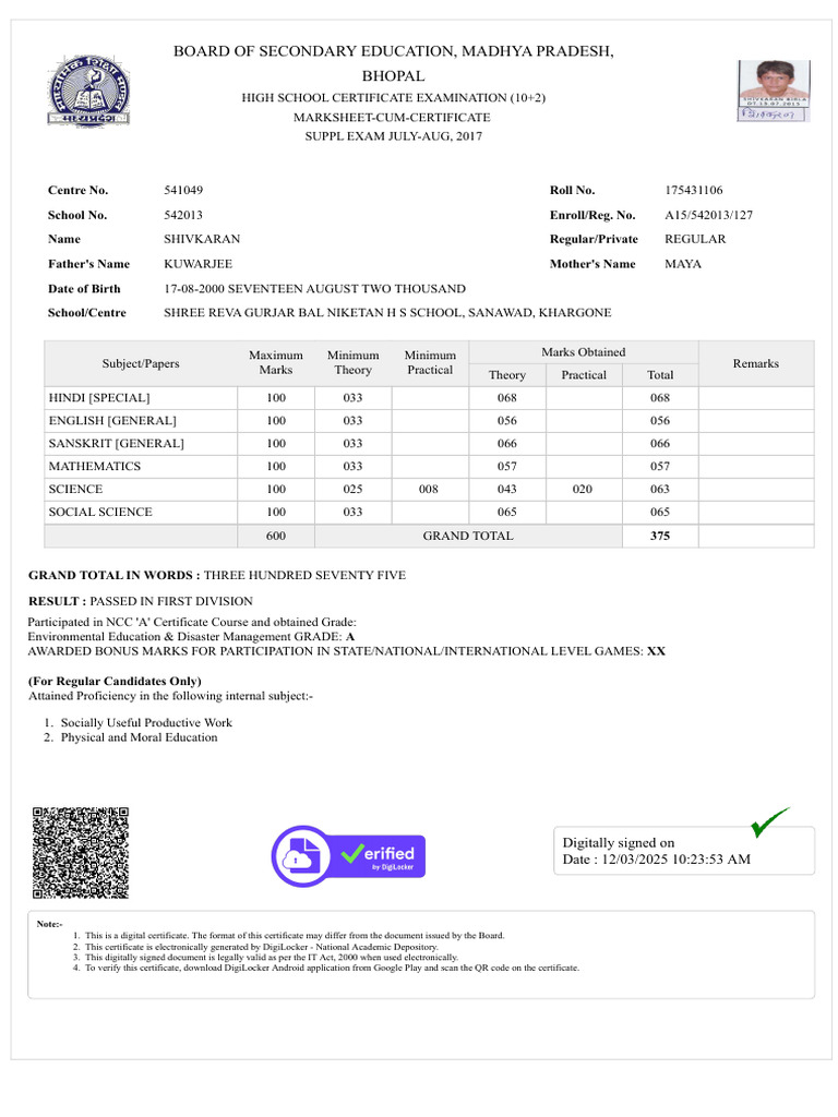 10th marksheet | PDF