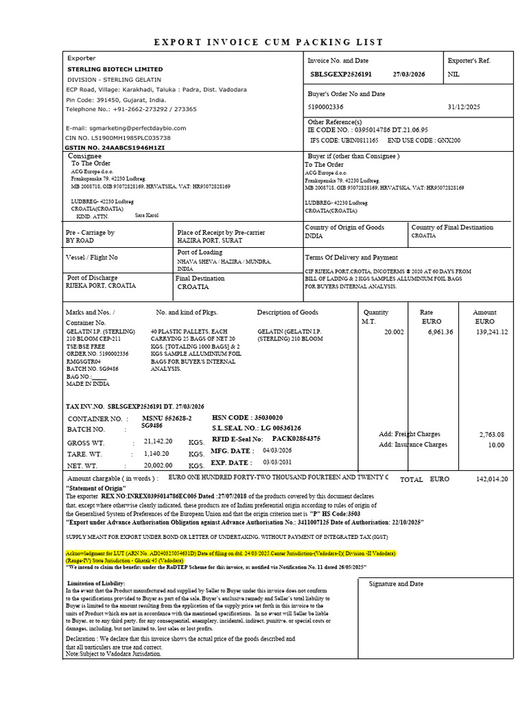 Invoice Cum Packing List With LUT | PDF | Prices | Legal Remedy