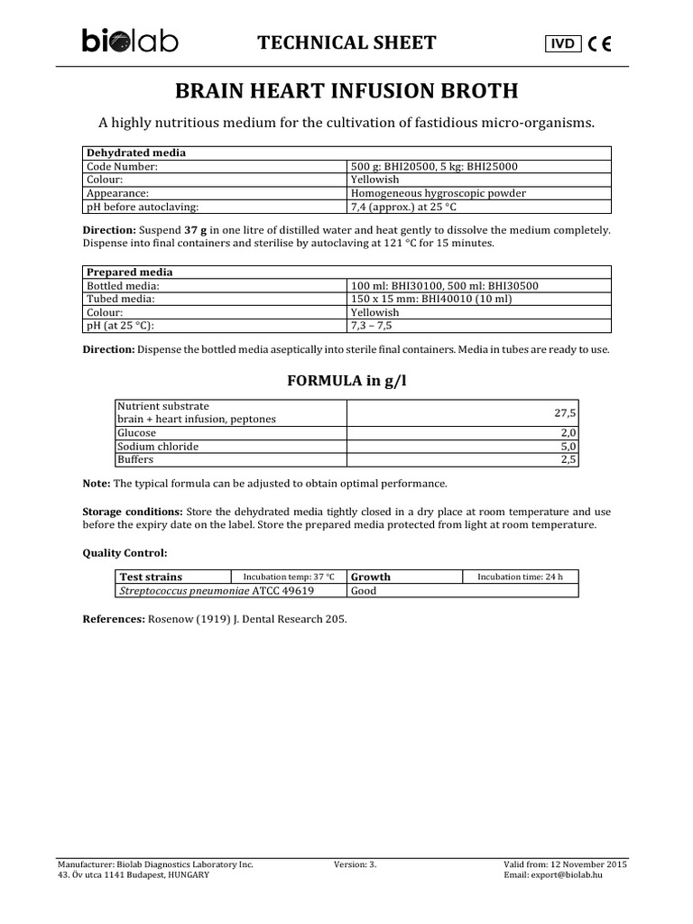 Brain Heart Infusion Broth Biolab | PDF