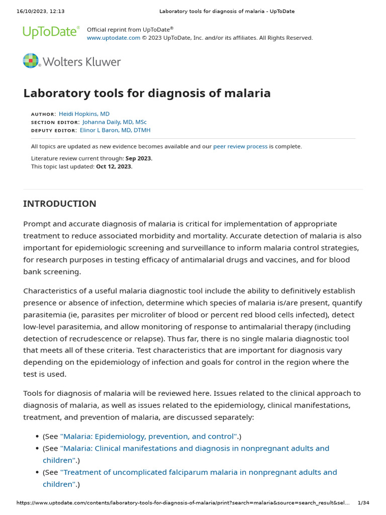 Laboratory Tools for Diagnosis of Malaria - UpToDate | PDF | Malaria ...