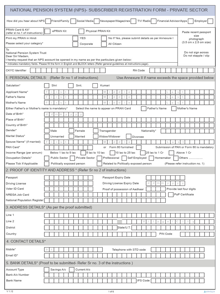 National Pension System (NPS) - Subscriber Registration Form - Private ...
