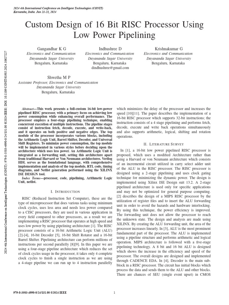 Custom Design of 16 Bit RISC Processor Using Low Power Pipelining | PDF ...