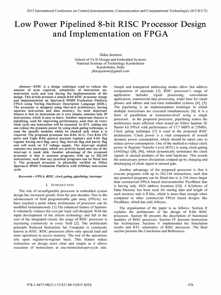 Low Power Pipelined 8-Bit RISC Processor Design and Implementation On ...