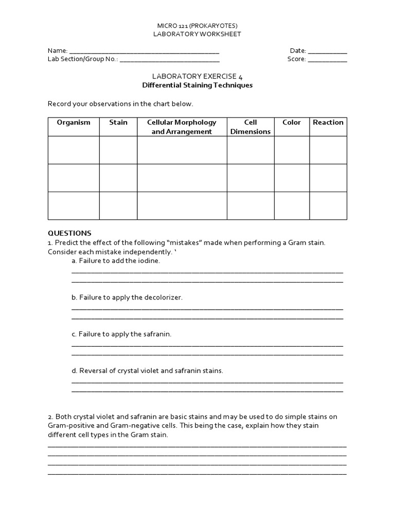 LABORATORY ACTIVITY Differential Staining Techniques Worksheet | PDF