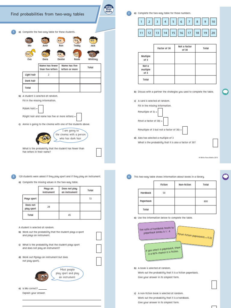 Y8 Autumn Block 6 WO3 Find Probabilities From Two Way Tables 2019 | PDF