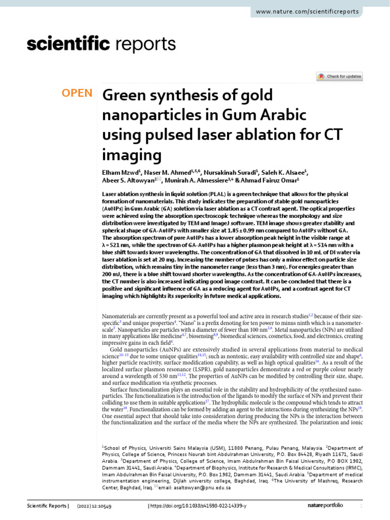 Green Synthesis of Gold Nanoparticles in Gum Arabic Using Pulsed Laser ...