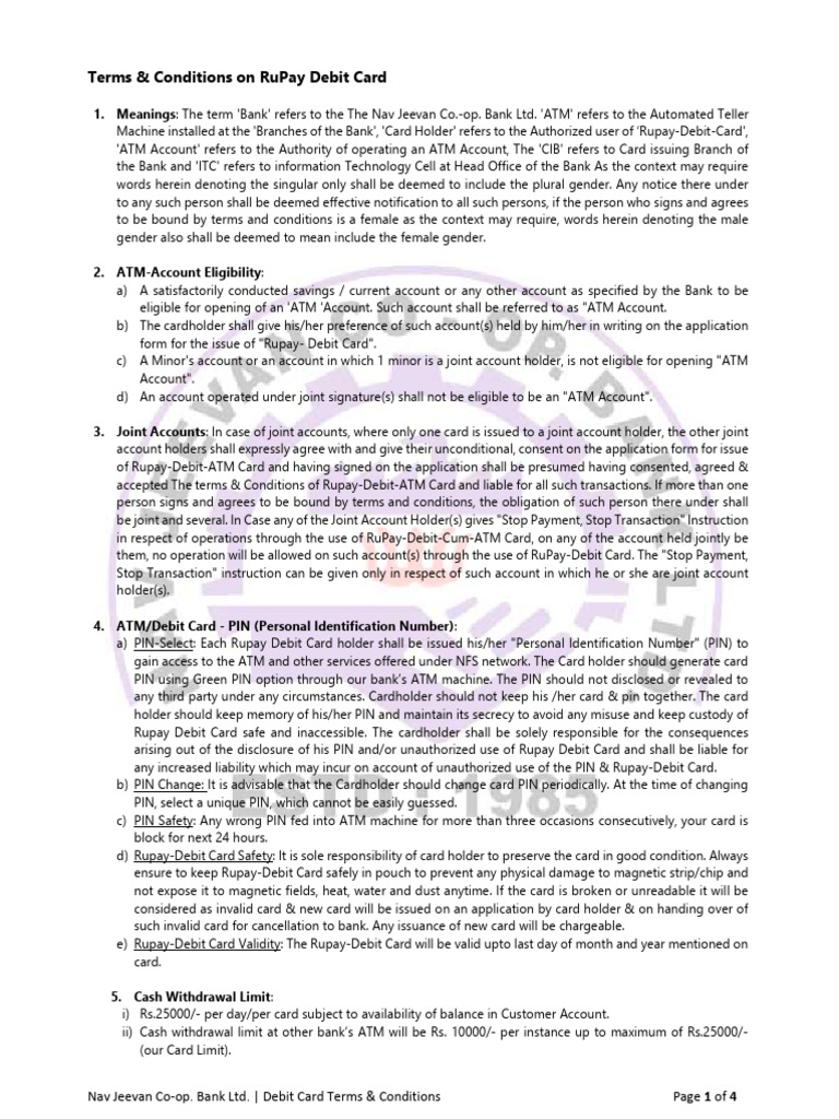 Debit Card Terms Conditions | PDF | Debit Card | Credit Card