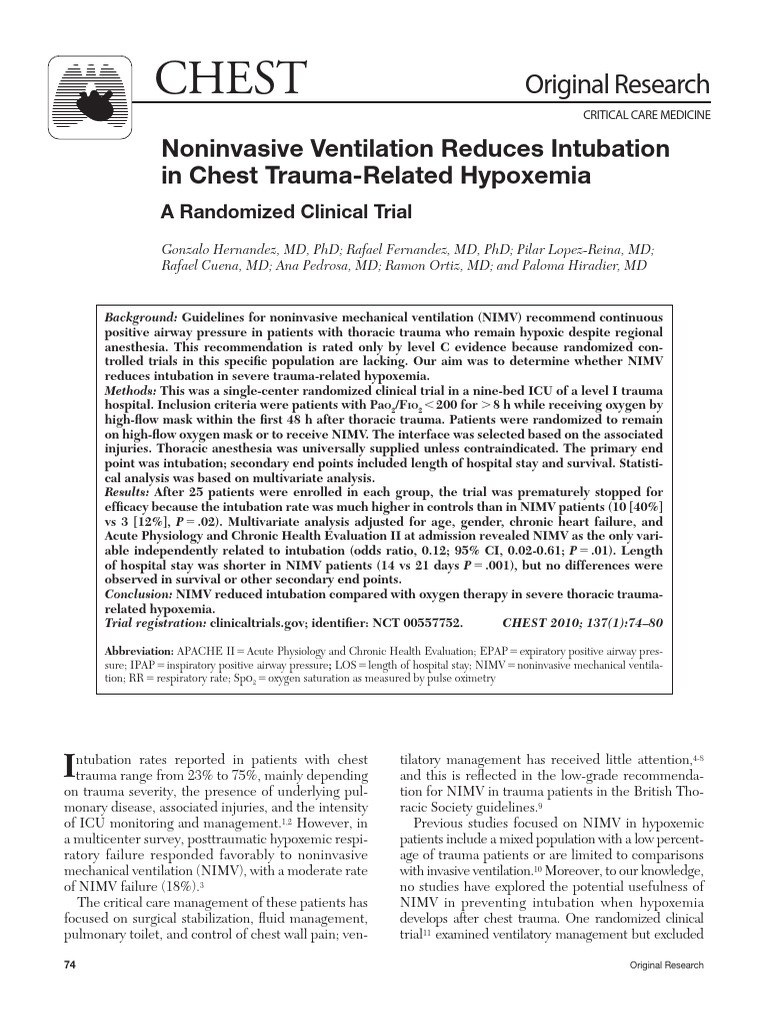 Noninvasive Ventilation Reduces Intubation | PDF | Major Trauma | Thorax
