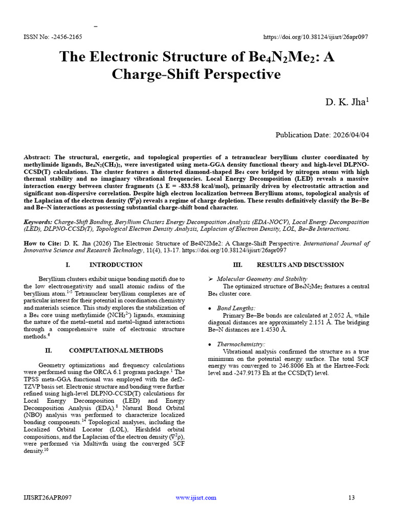 The Electronic Structure of Be4N2Me2: A Charge-Shift Perspective | PDF ...