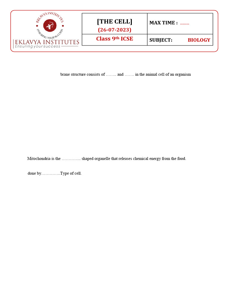 Bio the Cell Test Paper 26-07-2023 | PDF | Cell (Biology) | Cell Membrane
