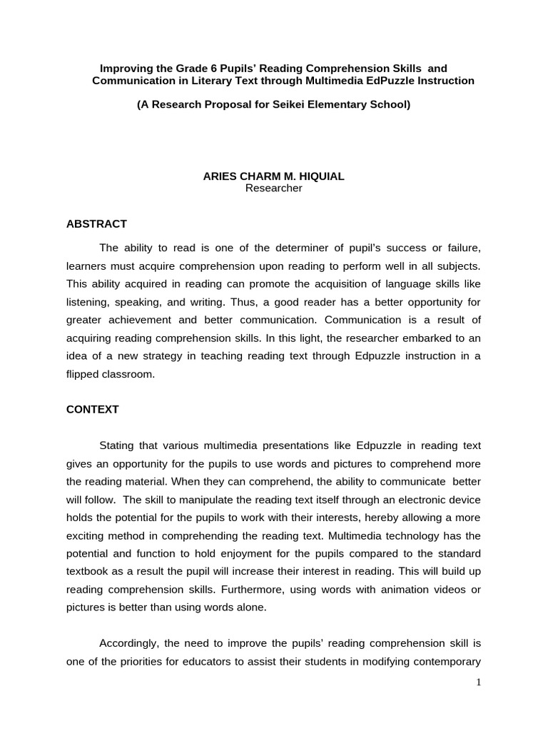Research Proposal on Improving Reading Comprehension | PDF | Reading ...