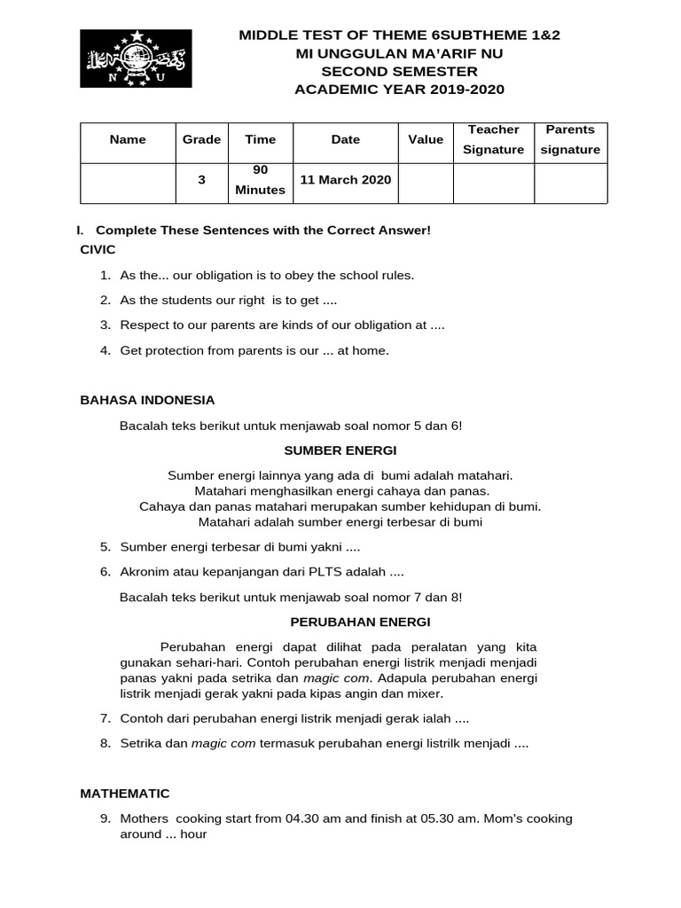 3rd Class Middle Test of Theme 6 Subtheme 1 and 2 | PDF