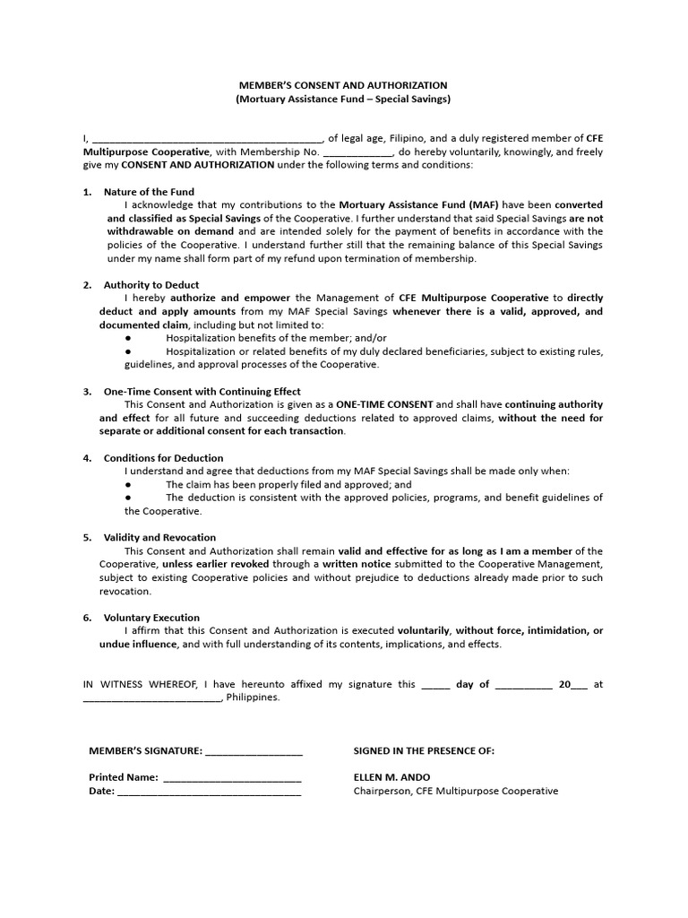 Sample Members Consent on Mortuary Assistance Fund (MAF) | PDF