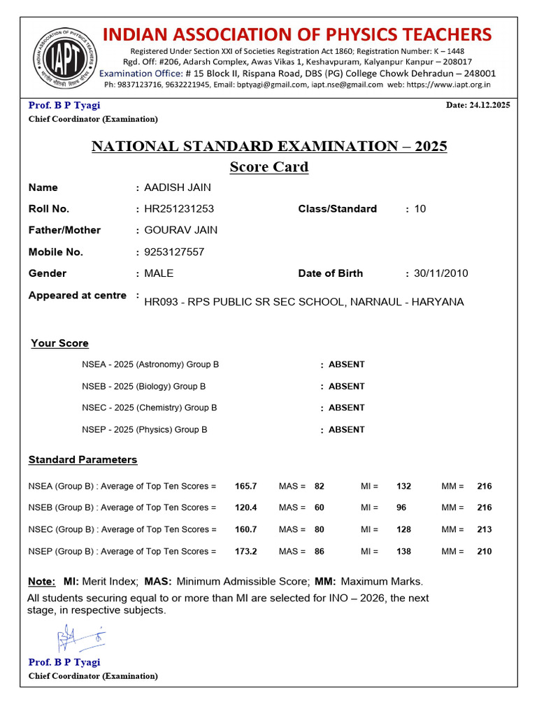 Aadish Jain Nses Result | PDF