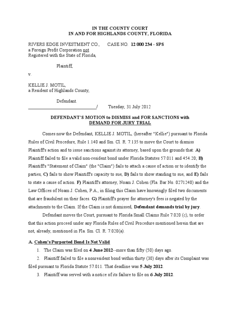 Motion To Dismiss FL 120731 Surety Bond Lawsuit