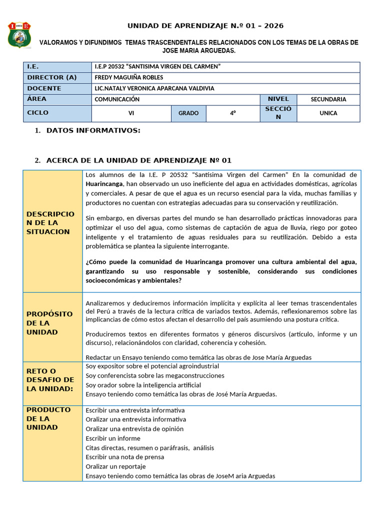 UNIDAD DE APRENDIZAJE N°1 4to SECUNDARIA | PDF | Aprendizaje | Cognición