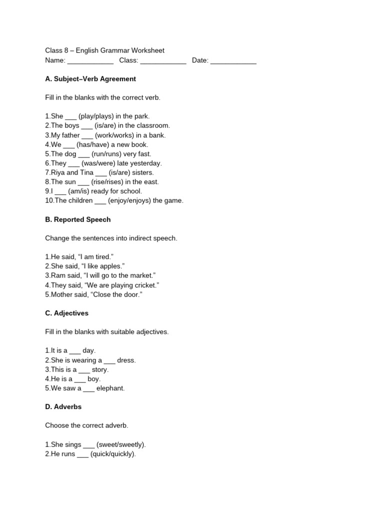 Class 8 – English Grammar Worksheet | PDF