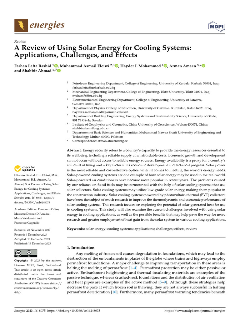 A Review of Using Solar Energy for Cooling Systems Applications ...