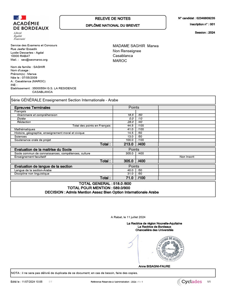 Releve de Notes 234680923500001 | PDF | Niveaux d'enseignement