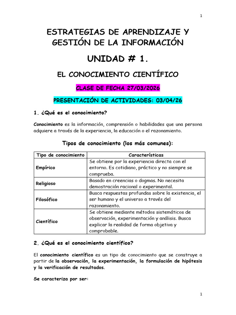 Unidad # 1. El Conocimiento Científico. Estrategias de Aprendizaje ...