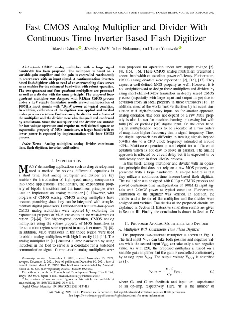 Fast CMOS Analog Multiplier and Divider With Continuous-Time Inverter ...
