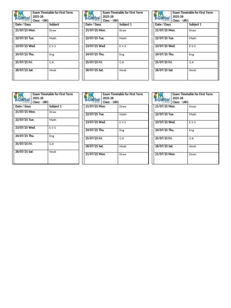Time Table For First Term Exam 2025-26 Ukg | PDF