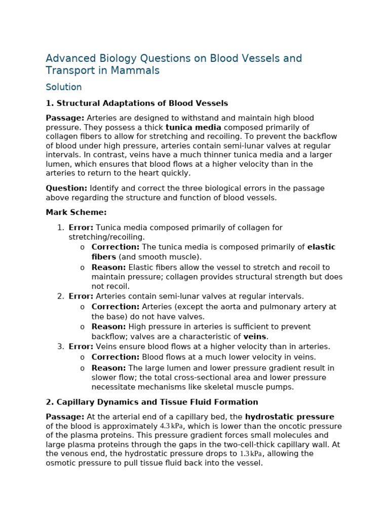 Advanced Biology Questions on Blood Vessels and Transport in Mammals ...