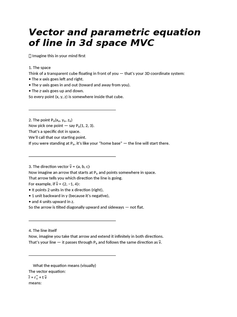 Vector and parametric equation of line in 3d space MVC | PDF