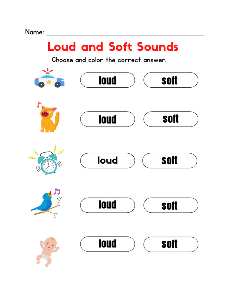 Colorful Illustrative Loud and Soft Sounds English Worksheet | PDF