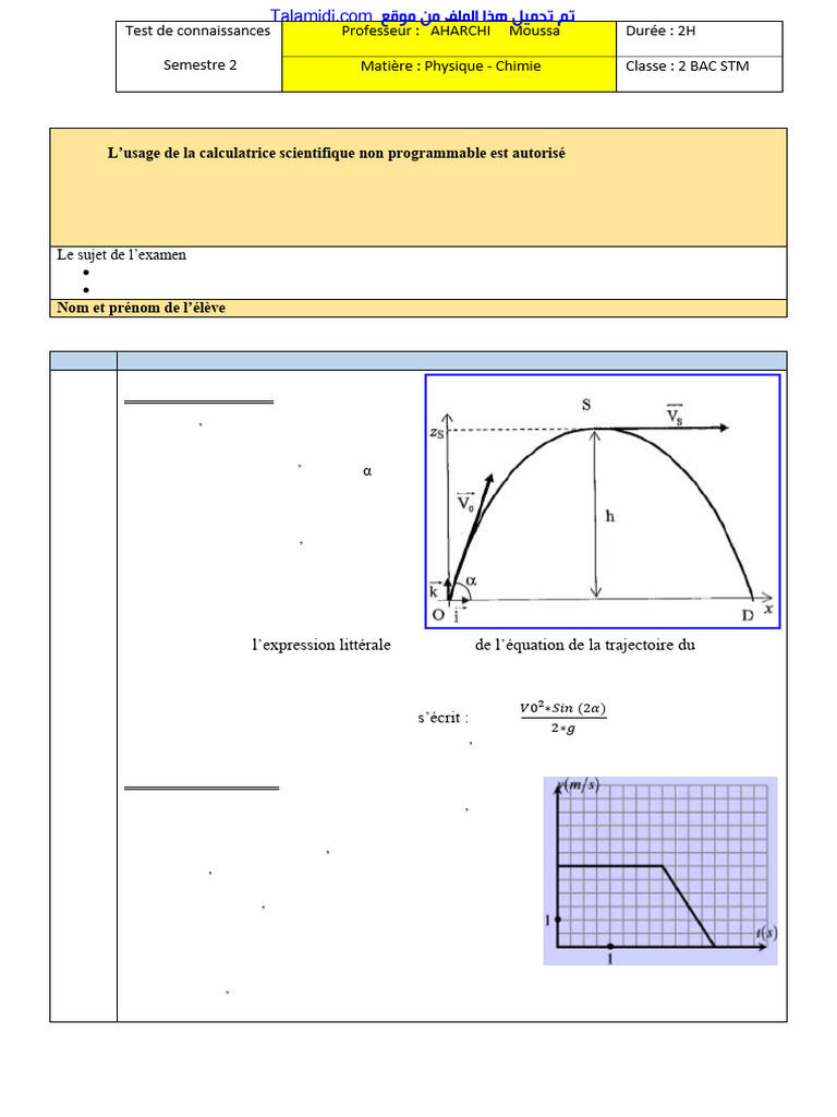 Talamidi.com Devoir 1 Modele 4 Physique Chimie 2 Bac Sm Semestre 2 | PDF