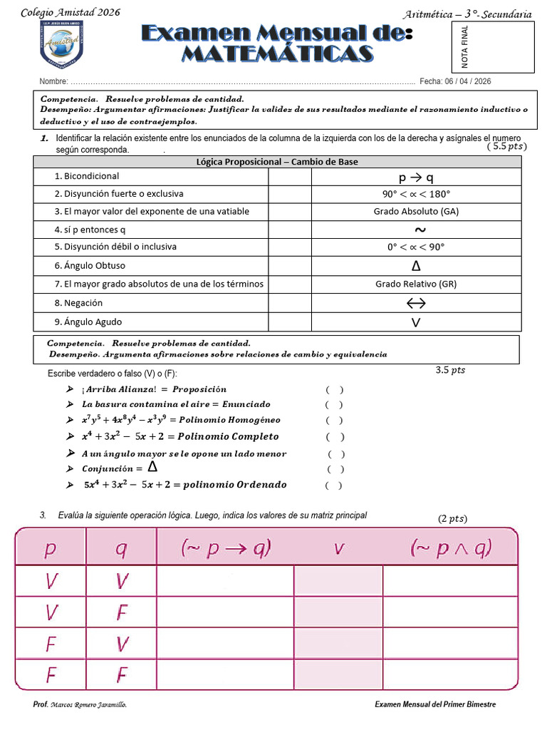 Exam - Mes - I Bim - Math - 3° Sec - 2026 | PDF | Metodología ...