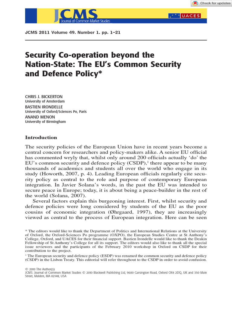 J of Common Market Studies - 2010 - BICKERTON - Security Co‐operation ...