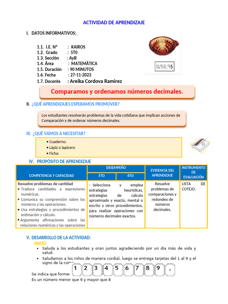 SESION MAT. Comparamos y Ordenamos Números Decimales. | PDF