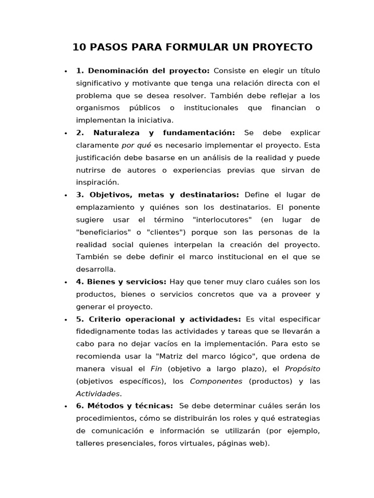 10 Pasos Para Formular Un Proyecto | PDF | Aprendizaje | Cognición