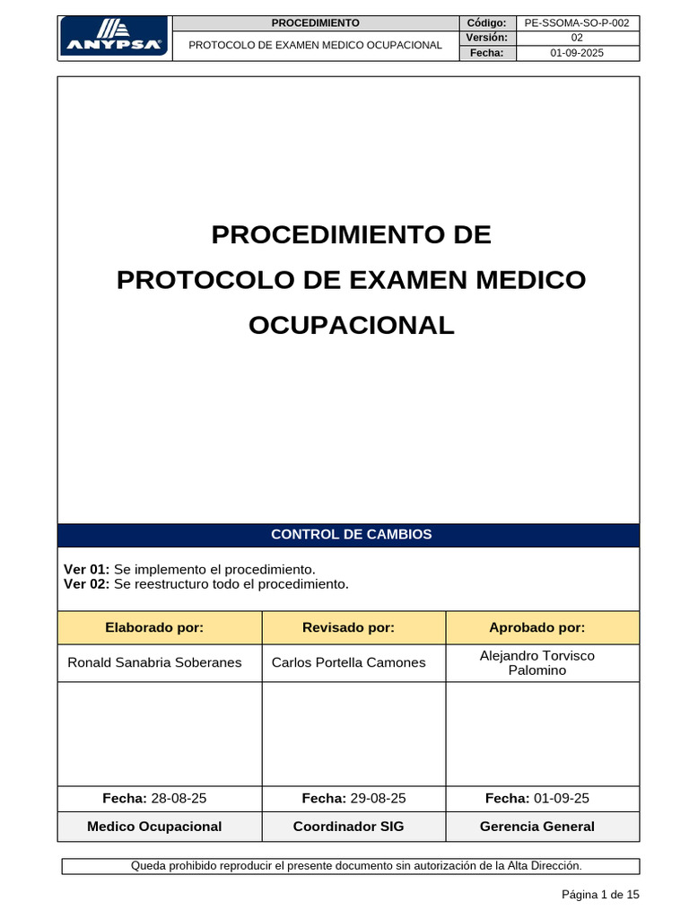 Pe-ssoma-so-p-002 Protocolo de Examen Medico Ocupacional | PDF ...